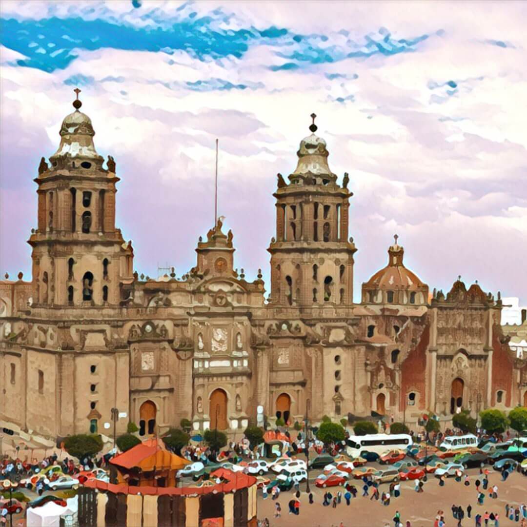 Fotografia panorâmica de El Zócalo, a icônica praça central da Cidade do México, cercada por monumentos históricos e arquitetônicos, como a Catedral Metropolitana e o Palácio Nacional.